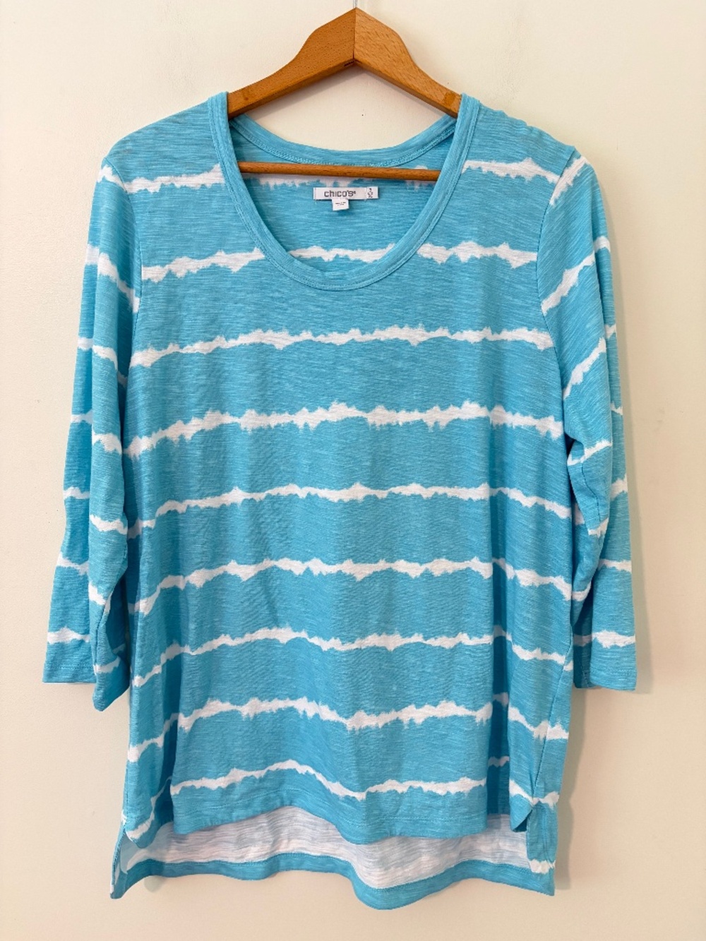 Chico's Tie-Dye Slub Scoop Neck Tee Top 3/4 Sleeve Size 3/XL Blue White
